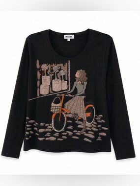 Moschino Black Long-Sleeve Sweater with Embellished Bicycle Girl Motif